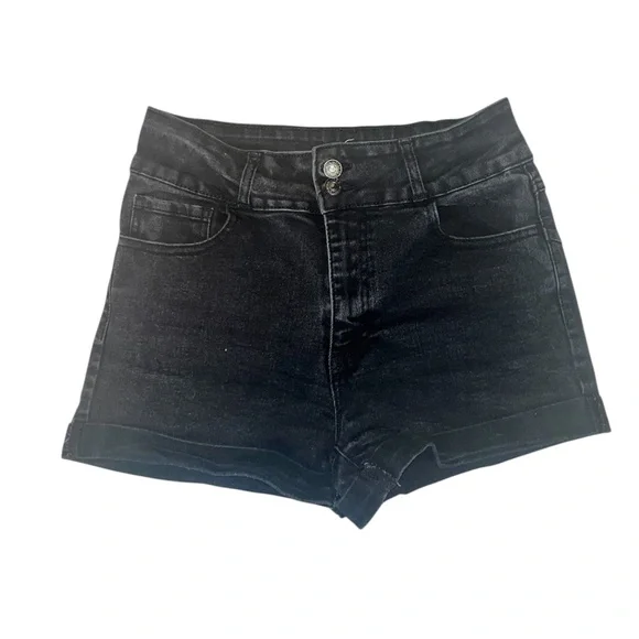 Forever 21 Black High Waist Denim Shorts with Double Button Closure | Size 27 - Picture 2 of 5